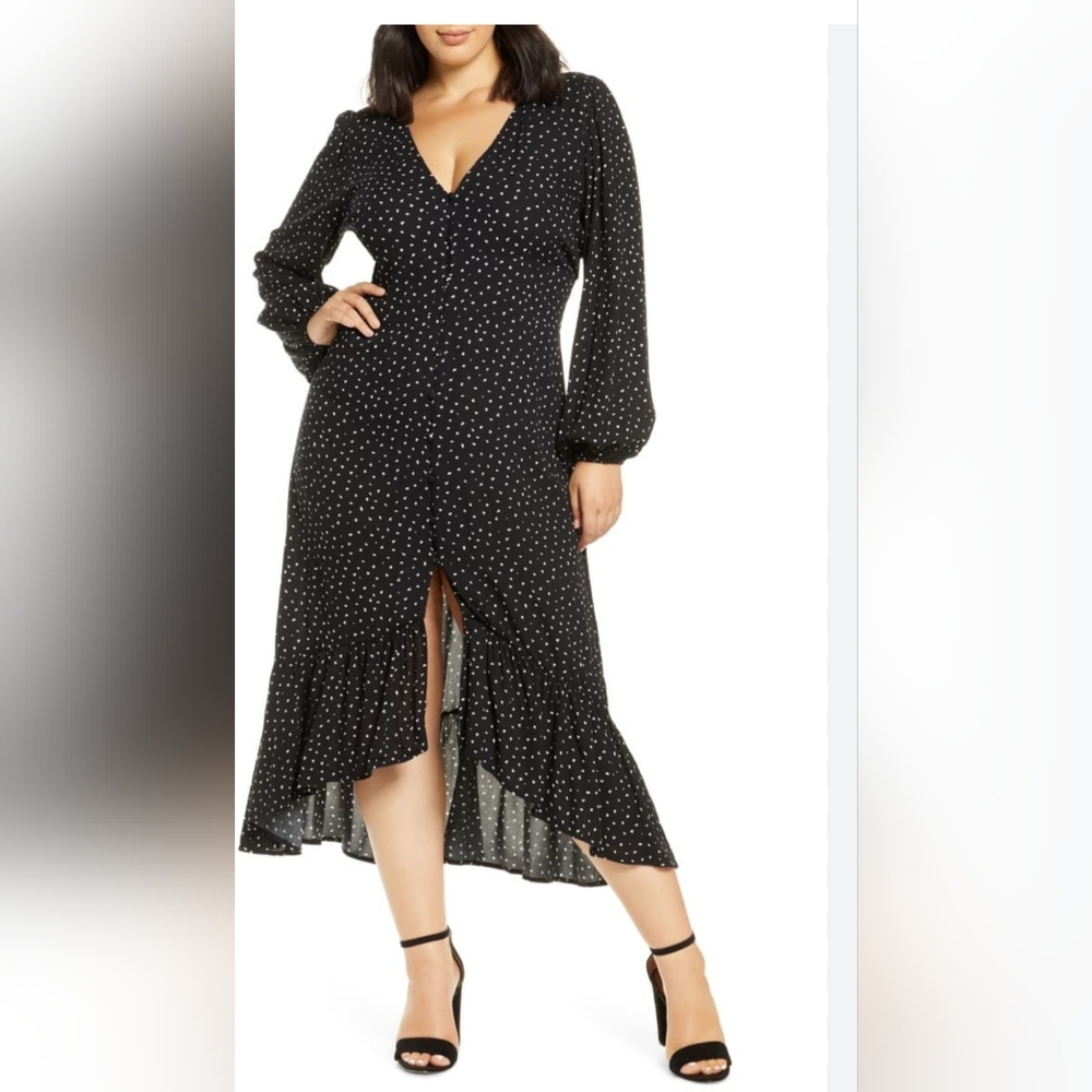 Leith Black and White Polka Dot Long Sleeve Dress